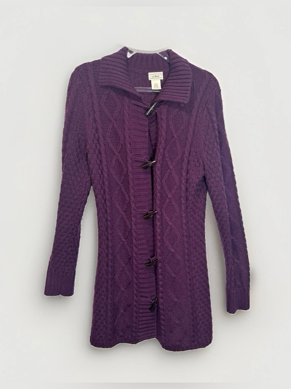 LL Bean Cable Knit Toggle Cardigan Long Sweater Wool Blend Duster M Fisherman